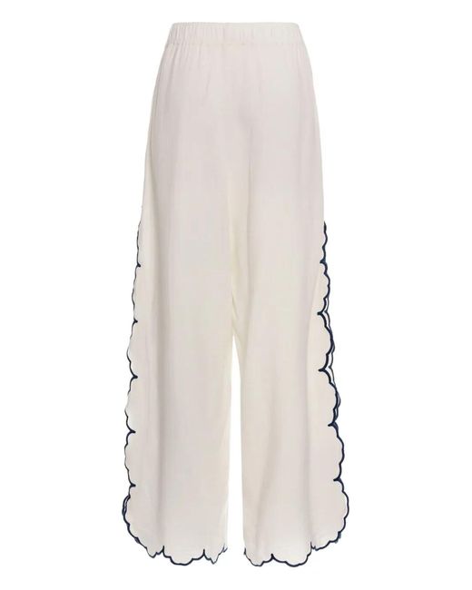 Agua Bendita White Winter Moras Floral-Embroidered Scalloped Trousers