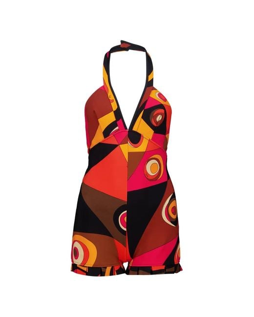 Emilio Pucci Red Occhi-Print Pleated-Trim Playsuit
