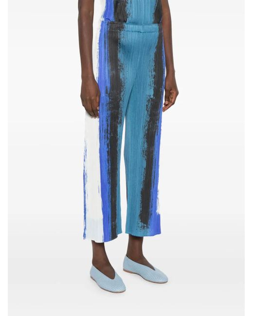 Pleats Please Issey Miyake Blue Pleated Paint-Stroke Trousers
