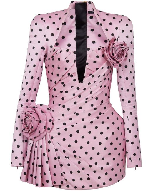 Balmain Pink Polka Dot-print Pleated Minidress