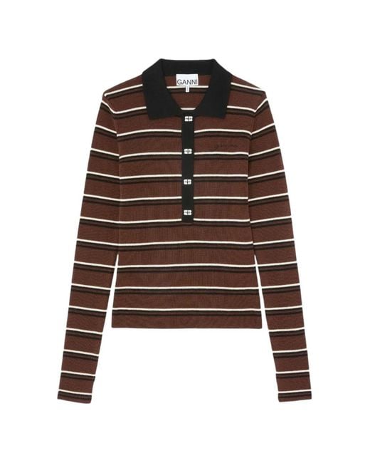 Ganni Brown Striped Button-Embellished Polo Shirt