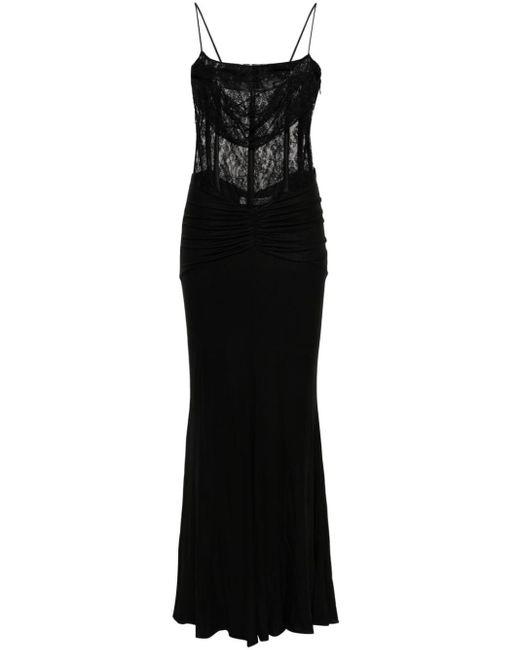 Alessandra Rich Black Draped Lace-Panel Maxi Dress
