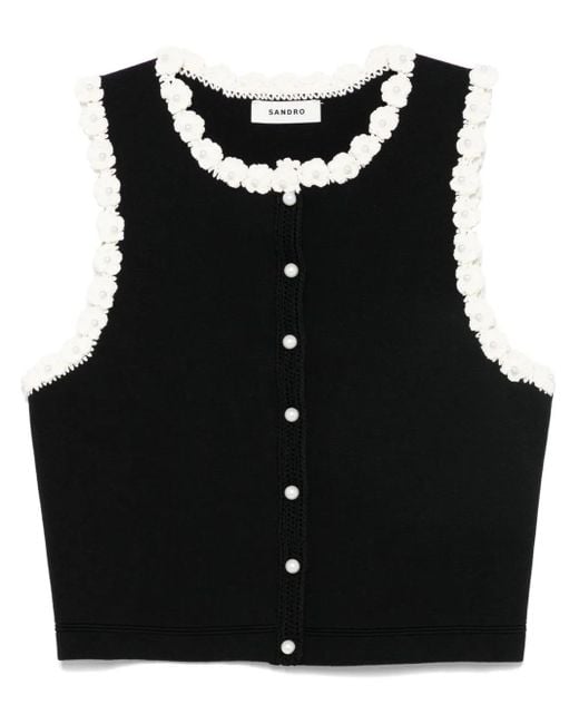 Sandro Black Floral-Appliqué Tank Top