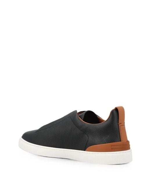 Zegna Black Triple Stitch Leather Sneakers for men