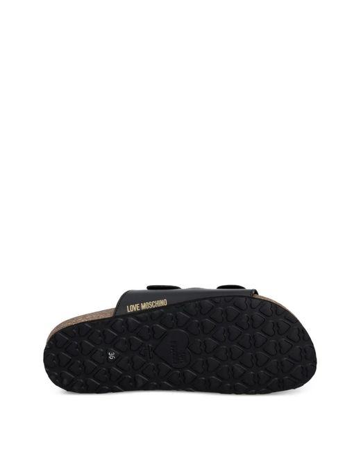 Love Moschino Black Heart-Buckle Leather Slides