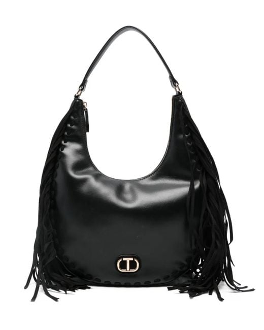 Twinset Black Fringe-Detail Leather Shoulder Bag