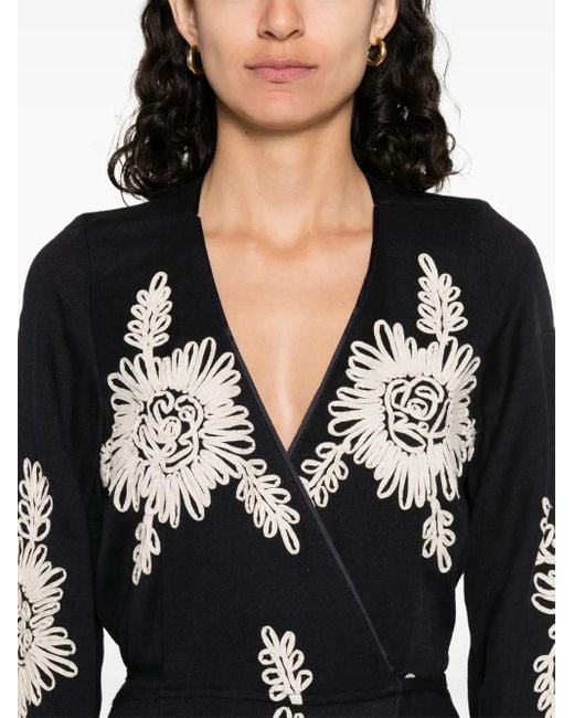 Forte_forte Black Wrap-Style Maxi Dress With Floral Embroidery