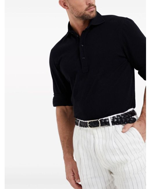 Brunello Cucinelli Black Long-Sleeved Cotton Polo Shirt for men