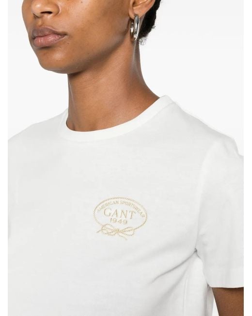 Gant White Logo-Embroidered T-Shirt
