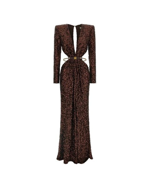 Elisabetta Franchi Sequined V-Neck Evening Dress in Brown | Lyst