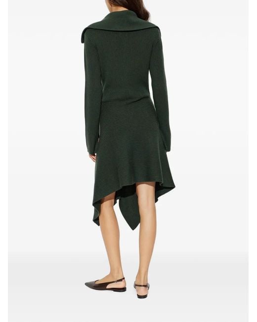 Ganni Green Ribbed-Knit Handkerchief-Hem Dress