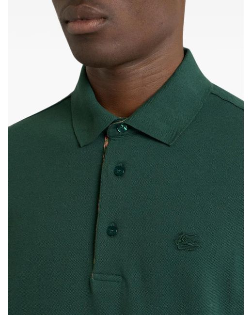 Etro Green Plain-Coloured Cotton Polo Shirt With Printed Details for men