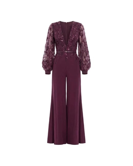 Saiid Kobeisy Purple Beaded V-Neck Belted Jumpsuit