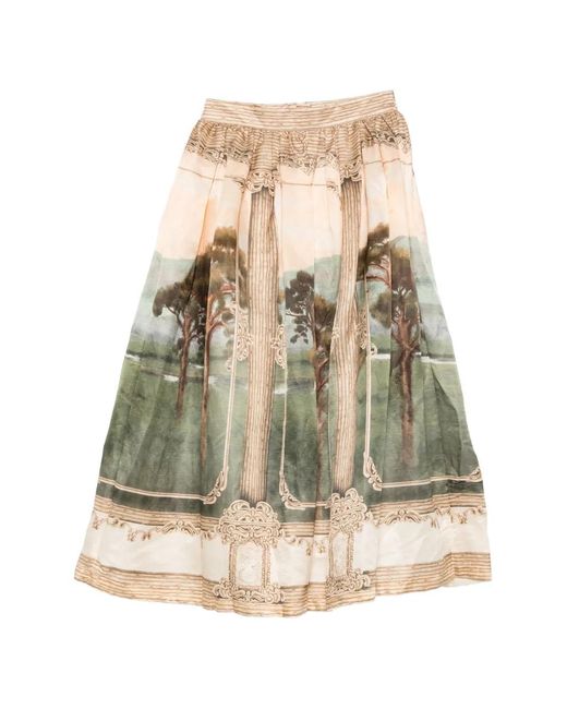 Agua Bendita Natural Landscape-Print Pleated Midi Skirt