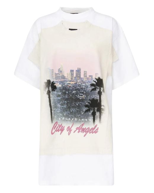 Balenciaga White City-Print Panelled T-Shirt
