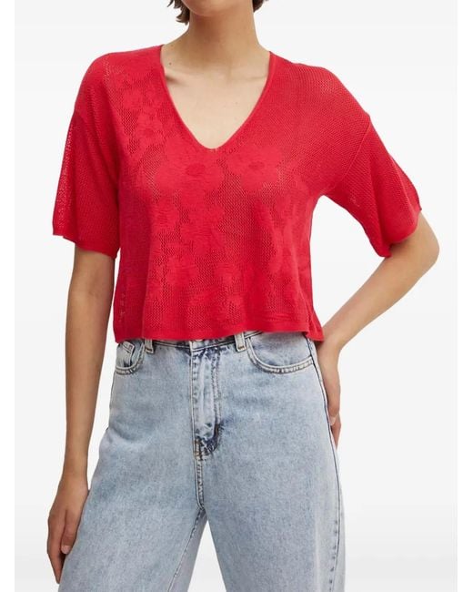 Benetton Red Floral-Jacquard V-Neck Sweater