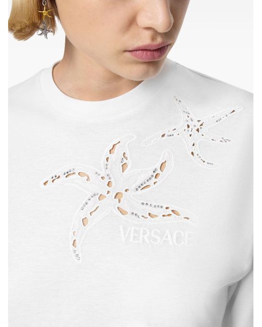 Versace White Starfish-embroidered Cropped T-shirt