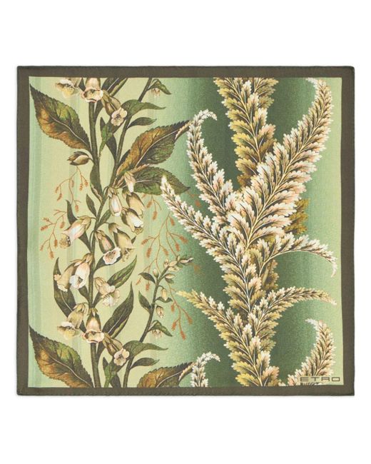 Etro Green Floral-print Silk Pocket Square for men