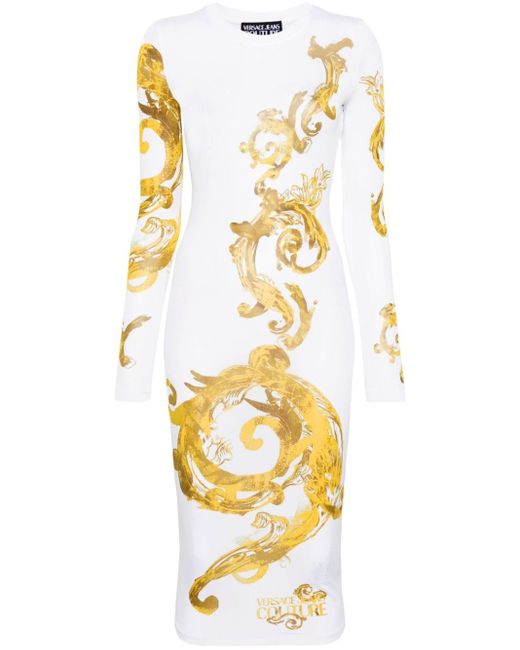 Robe mi-longue à imprimé Watercolour Couture Versace en coloris Metallic