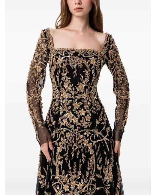 Dina Melwani Black Embellished Tulle Maxi Dress