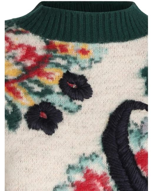 Sacai Green Floral-Intarsia Wool Sweater