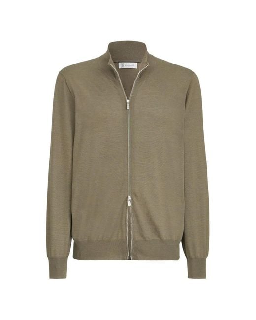 Brunello Cucinelli Green Cashmere And Silk Lightweight Cardigan With Zipper for men