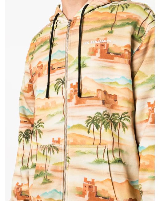 Les Benjamins Brown Graphic-Print Zip-Up Hoodie for men