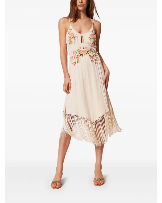 Twinset White Floral-Embroidered Midi Dress