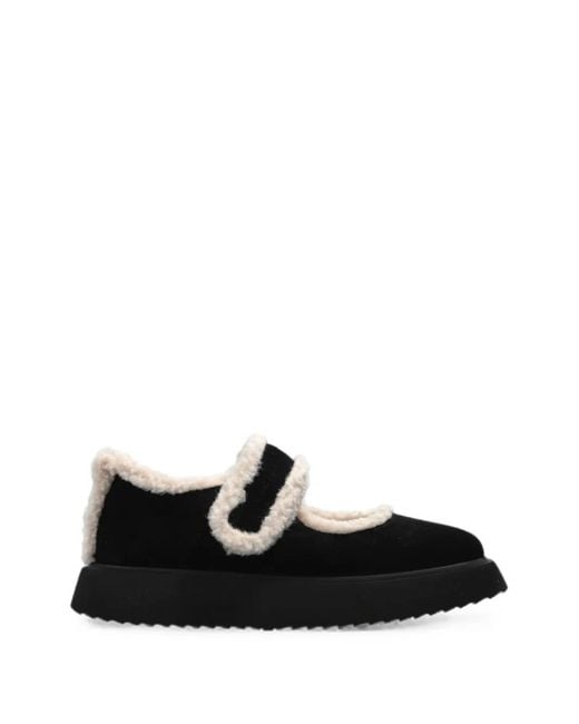 Inuikii Black Shearling-Trim Leather Ballet Flats