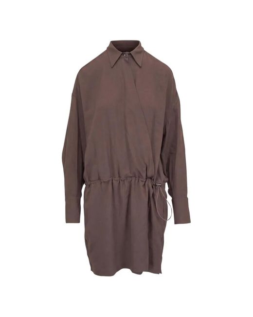Brunello Cucinelli Brown Drawstring-Waist Wool Mini Shirt Dress