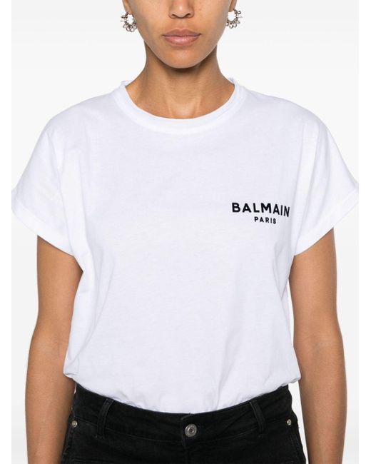 Balmain White T-Shirt mit beflocktem Logo