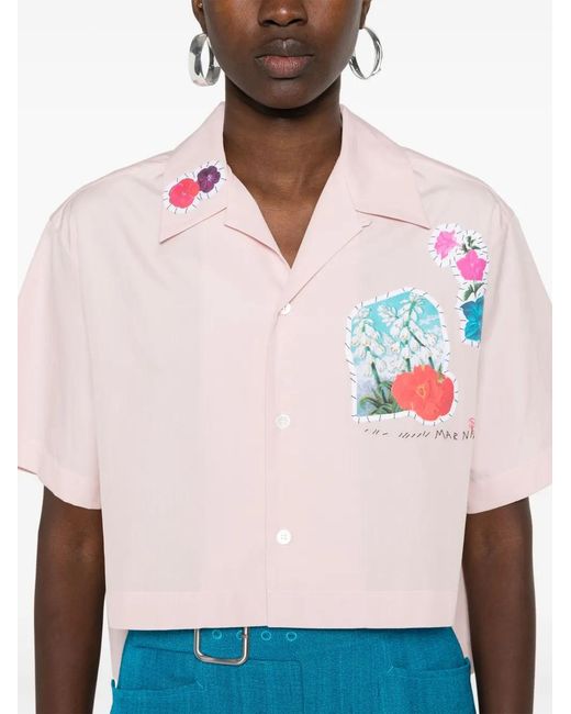 Marni Pink Short Shirt With Floral Patch