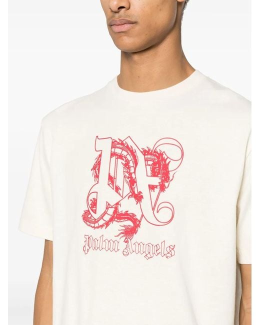 Palm Angels White Dragon-Monogram Cotton T-Shirt for men