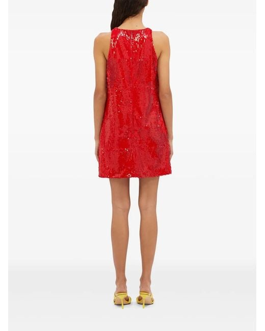 MSGM Red Halterneck Sequin Mini Dress With Side Pockets