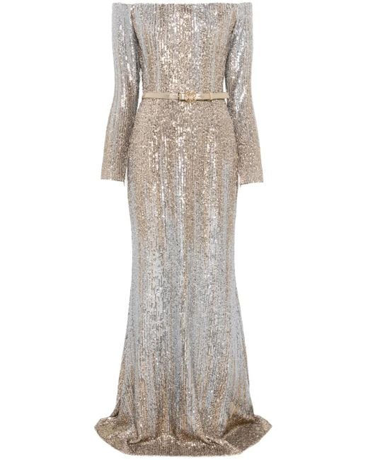 Elie Saab Gray Off-Shoulder Sequinned Gown