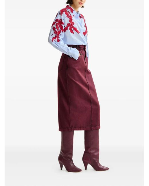 Essentiel Antwerp Purple Elasticated-Waistband Denim Midi Straight Skirt