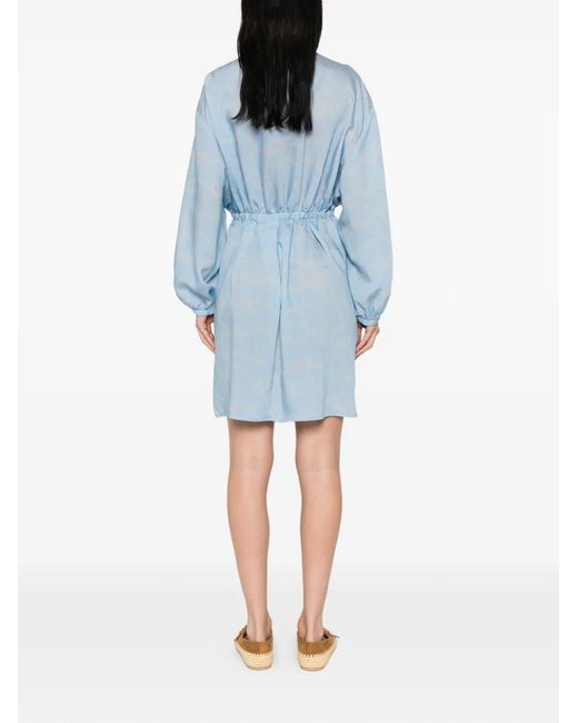 Woolrich Blue Flowing Dress With Print And Drawstring Waist