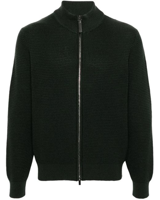 Canali Black Waffle-Knit Wool Cardigan for men