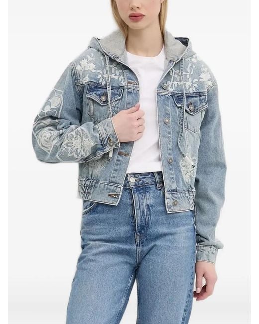 Desigual Blue Veste En Jean À Fleurs Brodées