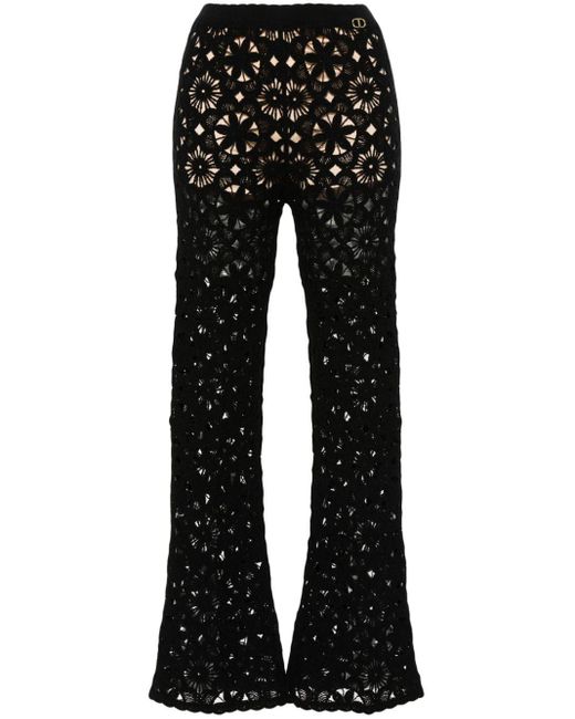 Twin Set Black Floral-crochet Flared Trousers