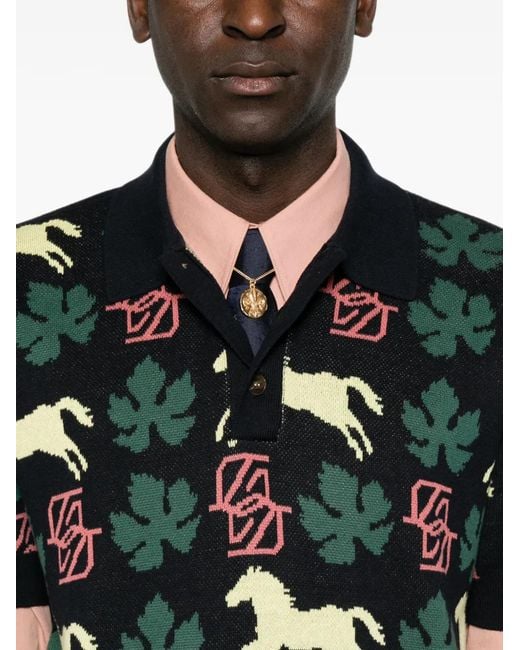 Drole de Monsieur Green Horse-Print Jacquard-Knit Polo Shirt for men