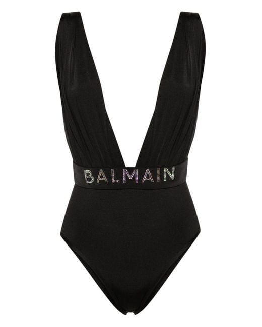 Balmain Black Rhinestone-detailed Draped Swimsuit