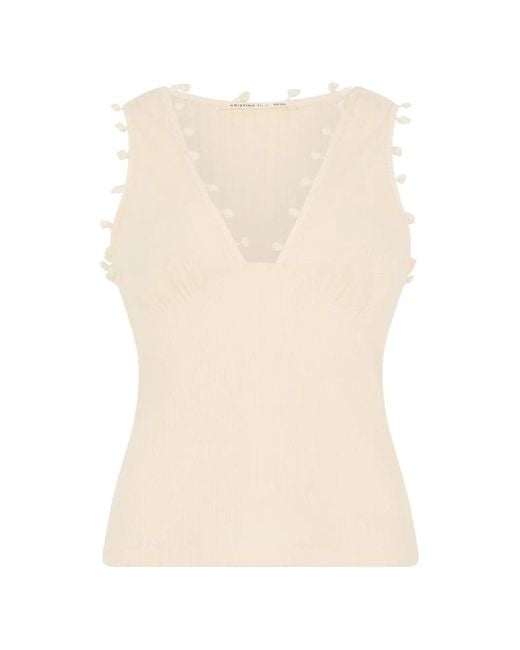 Kristina Ti Natural Pom-Pom Trim Ribbed Tank Top