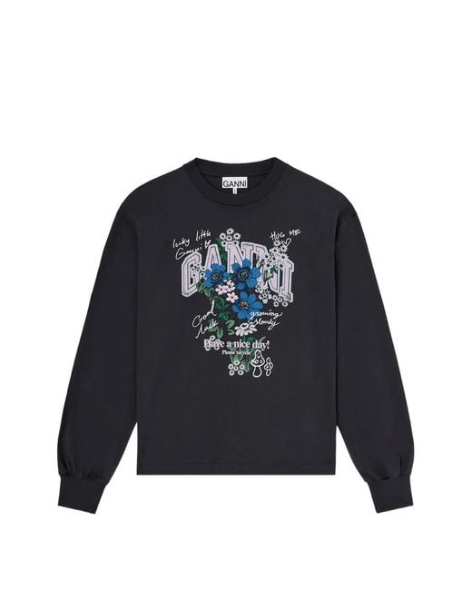 Ganni Blue Floral-Print Long-Sleeve T-Shirt