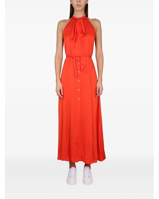 Aspesi Red Sleeveless Belted Midi Dress