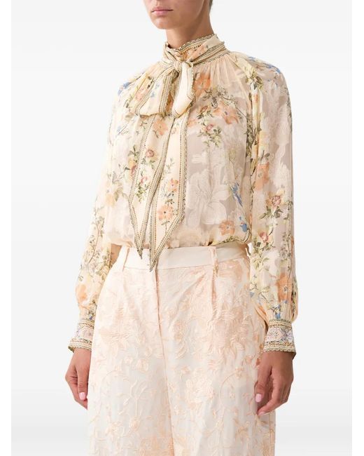 Camilla Natural Pussy-Bow Floral Print Top