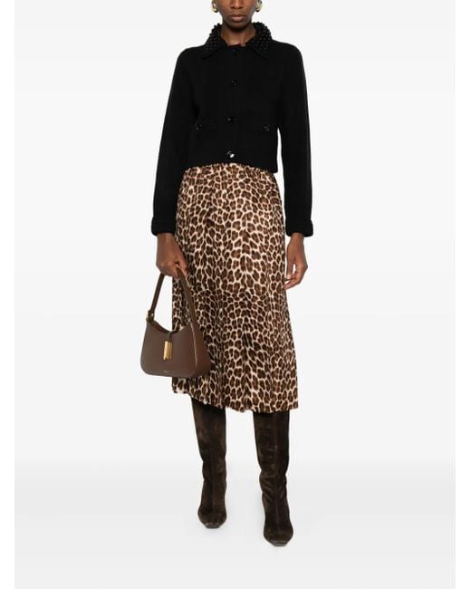 P.A.R.O.S.H. Brown Pleated Leopard-Print Midi Skirt