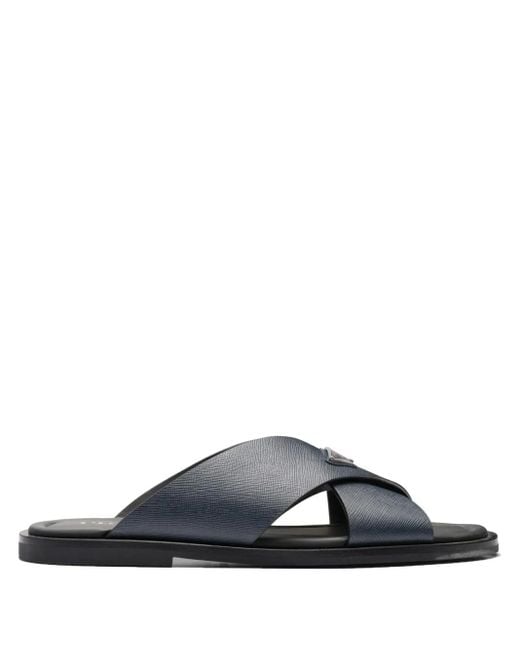 Prada Blue Saffiano-Leather Triangle-Logo Sandals for men