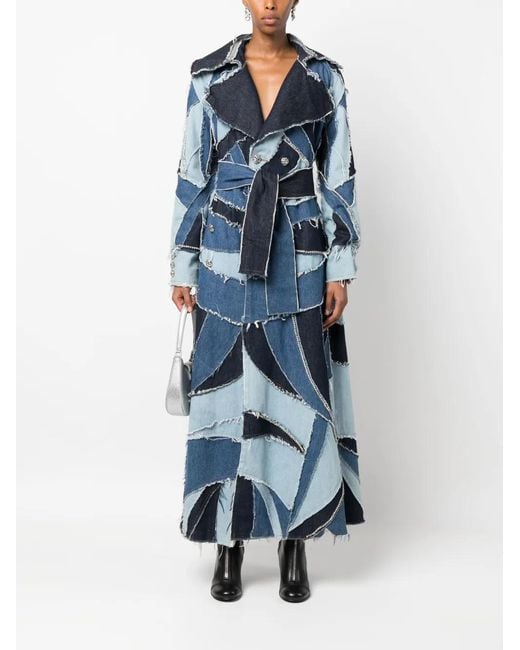 Philipp Plein Blue Denim-Patchwork Double-Breasted Coat