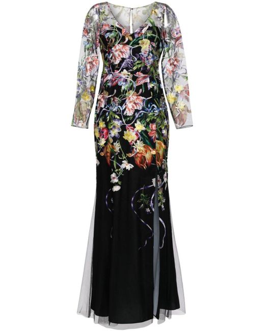 Marchesa Black Ribbons Floral-embroidered Gown